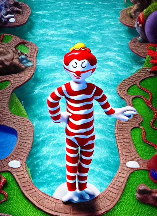 Image similar to intricate Waldo from Where's Waldo, in the water, on the background of a weird magical swimming pool. Very detailed 8k. Fantasy. Sharp. Cinematic post-processing