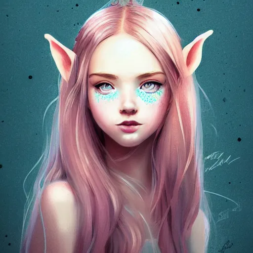 Image similar to girl portrait, elven princess, head and shoulders, matte print, pastel pink, digital art, cute freckles, digital painting, fan art, elegant, pixiv, by Ilya Kuvshinov, daily deviation, IAMAG