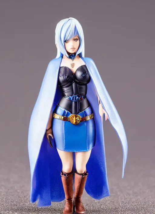 Prompt: 80mm resin detailed miniature of a female alchemist with short blue hair wearing a short dress, white stockings, leather boots and cape, Product Introduction Photos, 4K, Full body