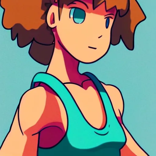 Prompt: artwork of misty from pokemon, face, eyes, skin, hair, shoulders, tank top, intricate, beautiful, serene, majestic, detailed, ultra, mega, super, visable sound waves, trending on pinterest, vsco, instagram