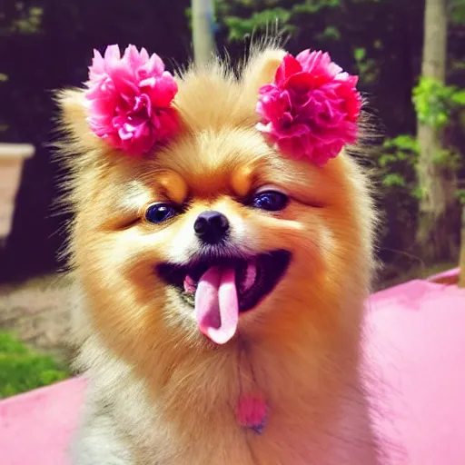 Image similar to a pomeranian wearing a flower crown, tongue out, looking at the camera, instagram photo, filter