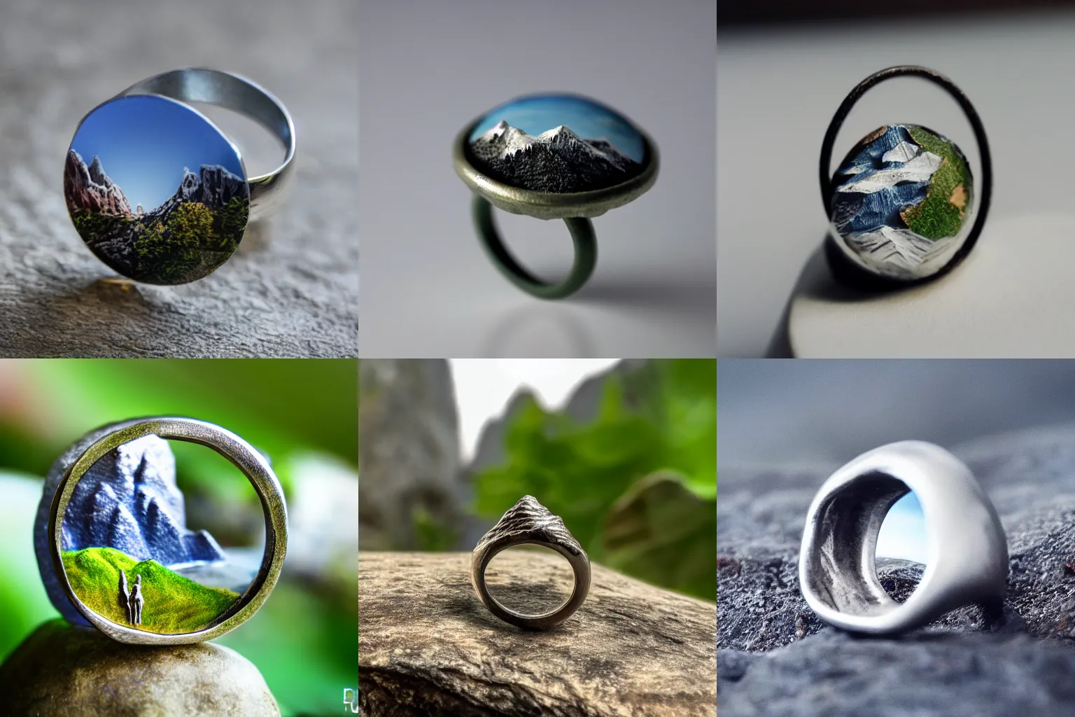 Prompt: ring with a realistic mountain range sculpture on the edge of it, mini world on ring, macro, 4 k, photorealistic, fantasy