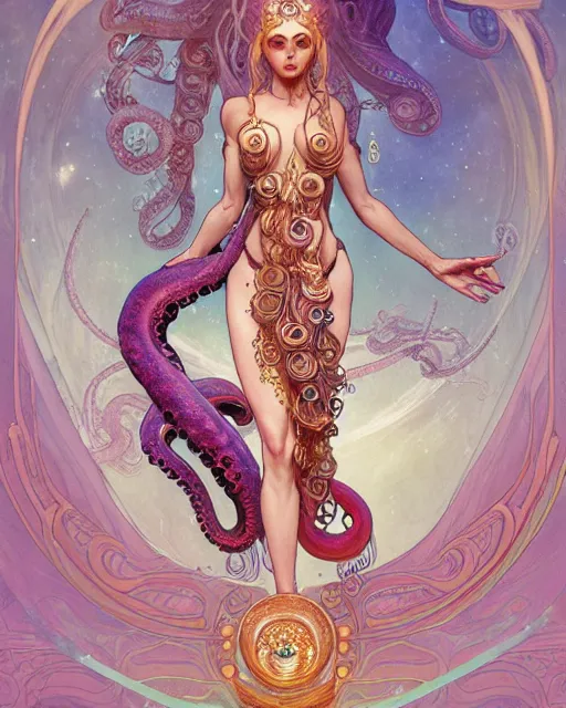 Prompt: alien goddess with body of octopus dreamy vision, highly detailed, gold filigree, romantic storybook fantasy, award, watercolor illustration by mandy jurgens and alphonse mucha and alena aenami, pastel color palette, featured on artstation