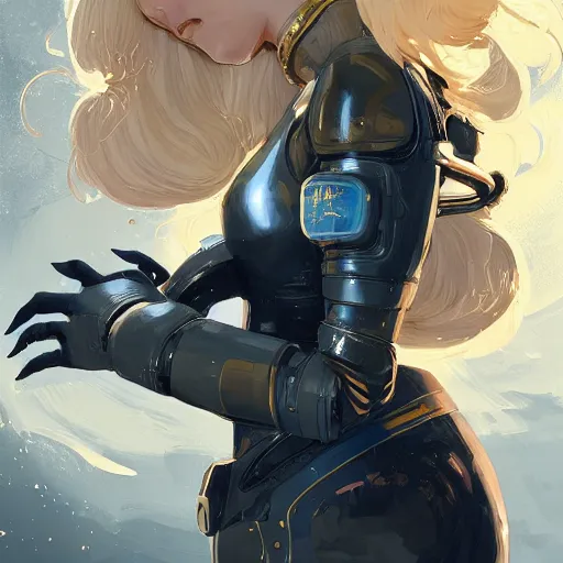 Prompt: highly detailed portrait of a young astronaut lady with a wavy blonde hair and curvy figure, by Dustin Nguyen, Akihiko Yoshida, Greg Tocchini, Greg Rutkowski, Cliff Chiang, 4k resolution, bayonetta inspired, nier:automata inspired, dark souls inspired, vibrant but dreary gold, blue, opal, black and white color scheme!!! ((Space nebula background))