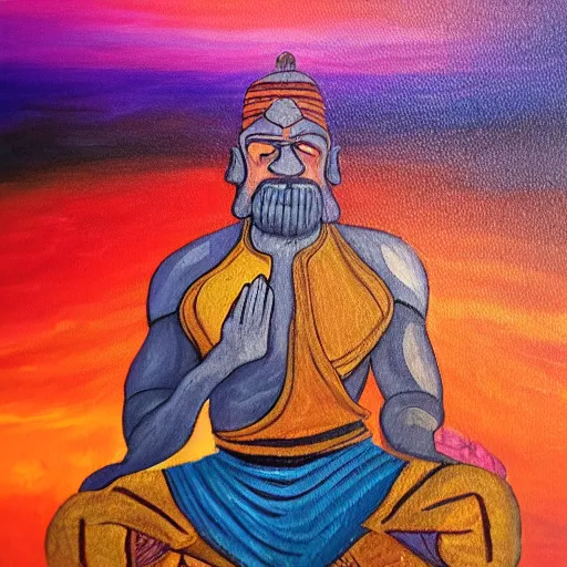 Prompt: a painting of a tired warrior meditating in the style of flooko, acrylic, vibrant, twilight, glows, detailed,