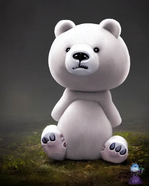 Image similar to cute porcelain ice bear doll, mark ryden style, vivid colors, high details, cinematic, 8 k resolution, beautiful detailed, photorealistic, digital painting, dark atmosphere, artstation, concept art, smooth, sharp focus, illustration, fantasy background, artstation trending, octane render, unreal engine