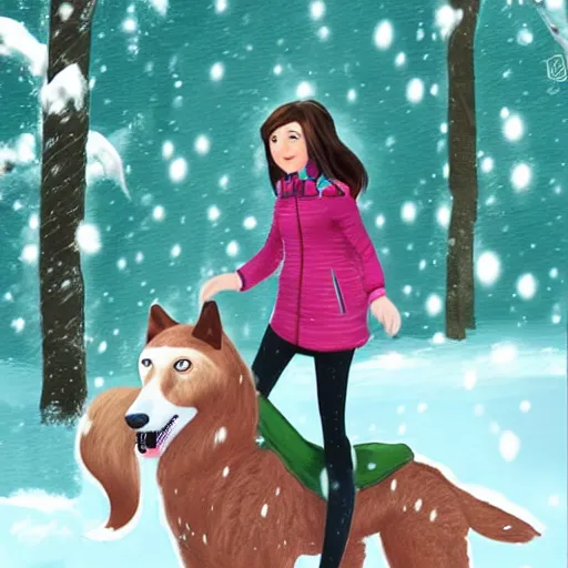 Image similar to girl riding on a giant husky in a snowy park, trending on art station