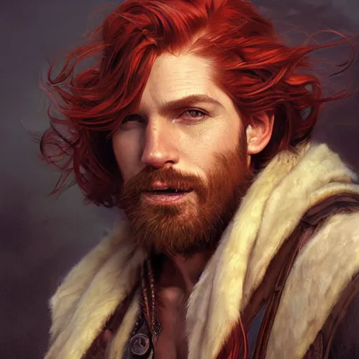 Image similar to portrait of a young ruggedly handsome but joyful pirate, male, masculine, upper body, red hair, long hair, d & d, fantasy, piercing eyes, intricate, elegant, highly detailed, digital painting, artstation, concept art, matte, sharp focus, illustration, art by artgerm and greg rutkowski and alphonse mucha