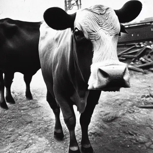 Image similar to ww 2 photograph of a buff cow staring at the camera, building rubble