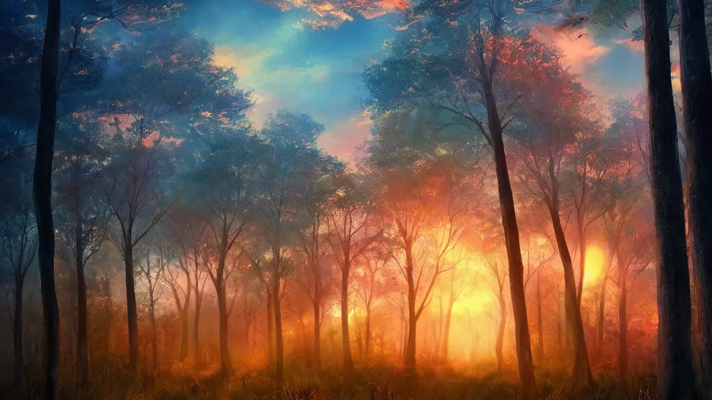 Prompt: Beautiful sunset in rug woods with backlight ” Beautiful Dreamscape, Digital art, concept art, detailed, lovely colors, Art station,3-D 4K, beautiful background, matte painting, ,