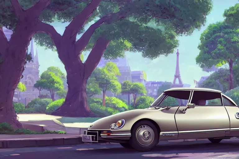 Image similar to a wholesome animation key shot of!! one!! focused!! 1 9 7 4 citroen ds!! in a tree lined beautiful paris street, medium shot, studio ghibli, ( pixar ) and disney animation, sharp, very detailed, high resolution, rendered in unreal engine 5, anime key art by greg rutkowski, bloom, dramatic lighting