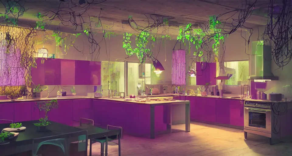 Image similar to IKEA catalogue photo, high end farm house style kitchen, cyberpunk with neon lighting, screens, monitors, wires, purple, cyan, orange, organic, vines by Beksiński