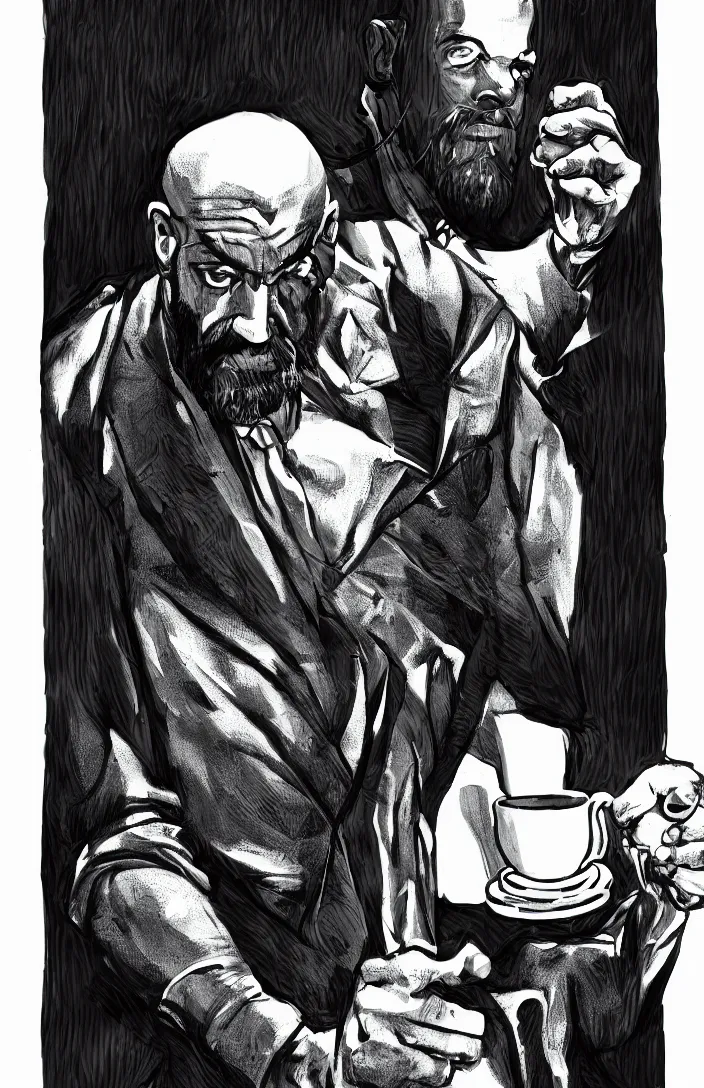 Image similar to detailed portrait of kratos in a suit holding a cup of coffe in his hand, black and white, 5 0's style.