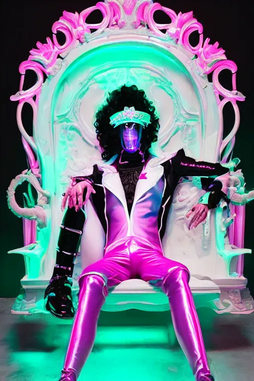 Image similar to full-body rococo and cyberpunk style neon statue of a young attractive Cubano macho dotado e rico android sim roupa reclining con las piernas abertas e la piroca dura, glowing white laser eyes, prince crown of mint gears, pink diamonds, swirling black-colored silk fabric. futuristic elements. black flowing tar. full-length view. space robots. human skulls. intricate artwork by caravaggio. Trending on artstation, octane render, cinematic lighting from the right, hyper realism, octane render, 8k, depth of field, 3D