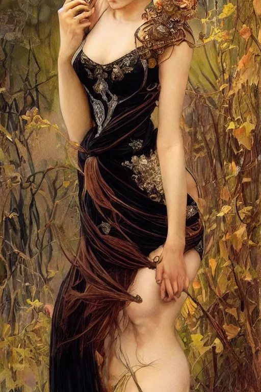 Image similar to a beautiful woman with auburn, fantasy, intricate, elegant, dramatic lighting, beautiful woman, gorgeous face, black gown, highly detailed, lifelike, photorealistic, digital painting, artstation, illustration, concept art, smooth, sharp focus, art by John Collier and Albert Aublet and Krenz Cushart and Artem Demura and Alphonse Mucha