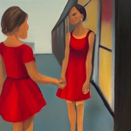 Prompt: oil painting of a girl in a red dress on a date night