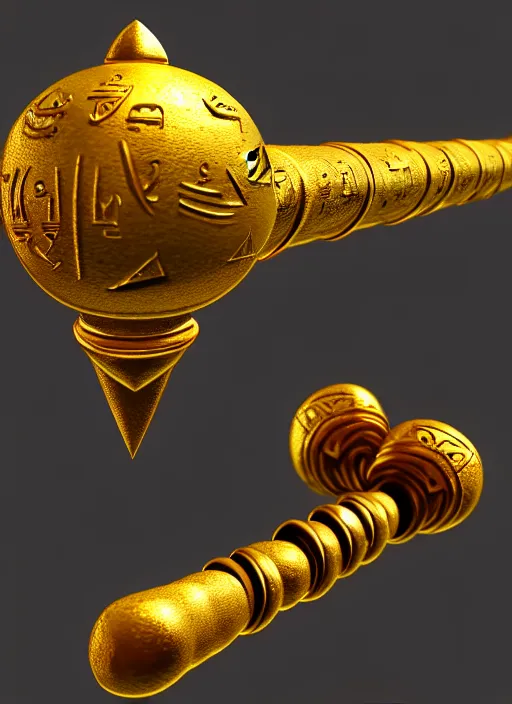 Image similar to rpg item render, a single egyptian gold staff, ancient symbols, bright, Unreal 5, DAZ, hyperrealistic, octane render, dynamic lighting