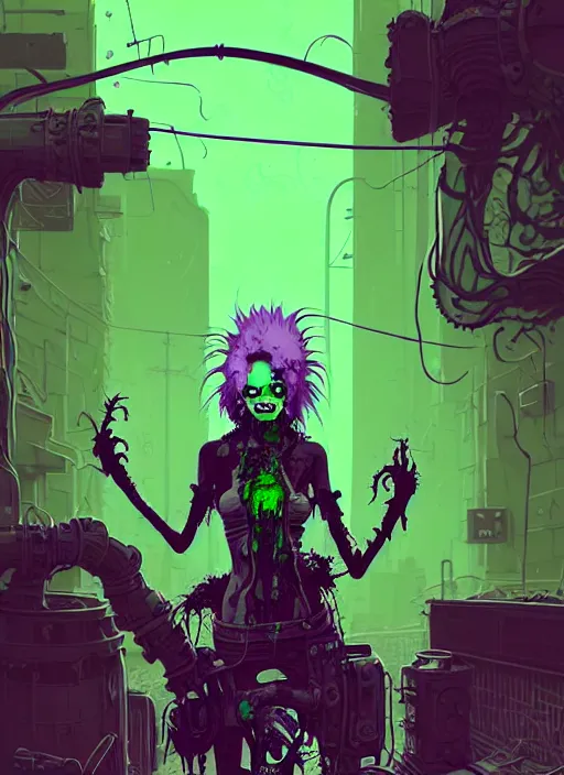 Prompt: highly detailed portrait of an angry wasteland punk long dripping green poison hair tribal zombie lady, stray wiring by atey ghailan, james gilleard, by joe fenton, by greg rutkowski, by greg tocchini, by kaethe butcher, 4 k resolution, gradient purple, brown black and white color scheme!!! ( ( green flaming robotic sewer background ) )