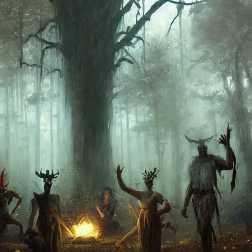 Prompt: ancient igbo ceremony where forest spirits and shamans in masks emerge from the twilight woods, epic fantasy style art by craig mullins, fantasy epic digital art, epic fantasy card game art by greg rutkowski