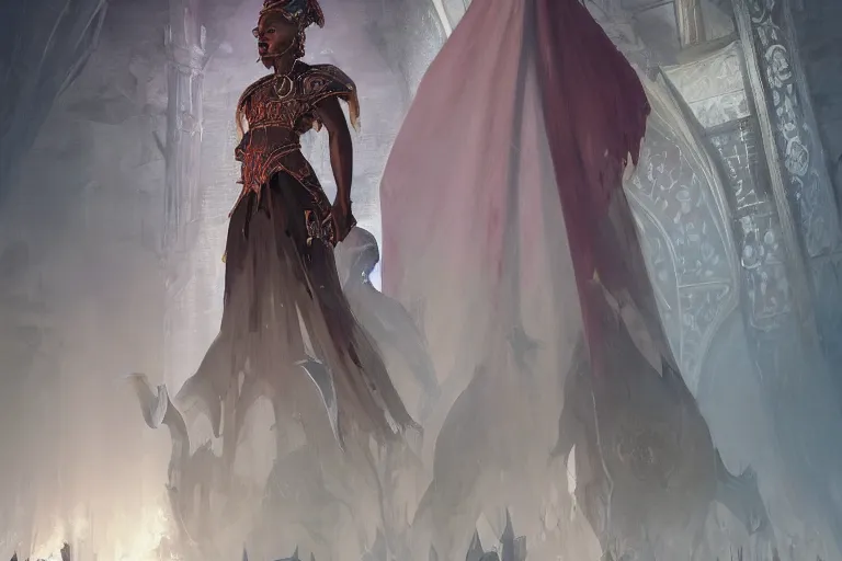 Image similar to Elegant dark skinned queen wearing a brocade dress| high fantasy | d&d | dragon age | jeff easley, greg rutkowski, pino daeni | volumetric lights | in throne room |