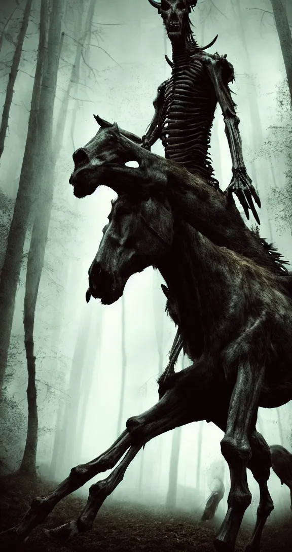 Image similar to a cinema still of a tall, bony humanoid creature with the head and hooves of a horse and disproportionately long limbs with dark gloomy forest in the background shot by guilliermo del toro, horror, dark, natural, hyper detailed, digital art, trending in artstation, cinematic lighting, studio quality,