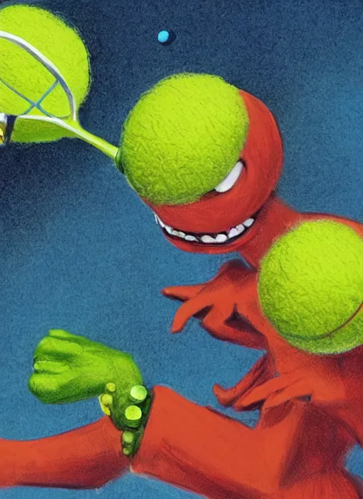 Prompt: tennis ball monsters playing tennis, a tennis ball monster, tennis ball, colorful, digital art, fantasy, magic, trending on artstation, ultra detailed, professional illustration, chalk, poster artwork by basil gogos, clean