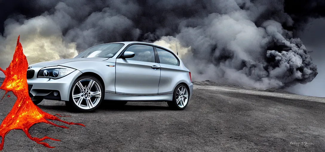 Prompt: bmw 135i 2010 Drifting the rim of an erupting Volcano, digital art