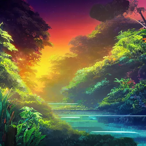 Image similar to Intricate nebula river running through a dense jungle of tropical flowers and fire flies in the style of makoto shinkai