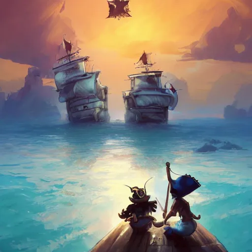 Prompt: two large pirates ship floating on top of a body of water at sunset, fighting each other, pirates flag , cgsociety, fantasy art, 2d game art, concept art , ambient occlusion, bokeh, behance hd , concept art by Jesper Ejsing, by RHADS, Makoto Shinkai Cyril Rolando