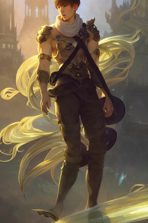 Image similar to fullbody portrait of a male fit hero with strange hairs, soft smile, final fantasy, league of legends champion, strong iridescent light, by chengwei pan and sakimichan and greg rutkowski and alphonse mucha, gradient white to gold, in front of a magical building background, highly detailed portrait, digital painting, smooth, focus illustration