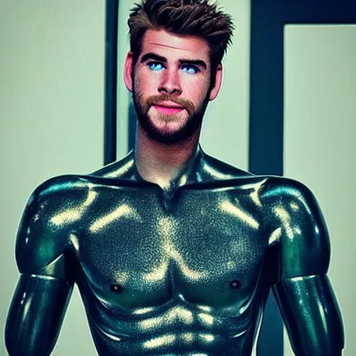 Image similar to “ a realistic detailed photo of a guy who is an attractive humanoid who is half robot and half humanoid, who is a male android, actor liam hemsworth, shiny skin, posing like a statue, blank stare, at the museum, on display ”