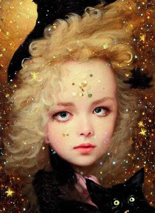 Prompt: cute little witch in an oil painting by jean - honore fragonard, portrait, realistic hair, intricate details, beautiful face, starry background, sparkles, glitter, a black cat epic lighting, soft vibes, cinematic, realistic, detailed