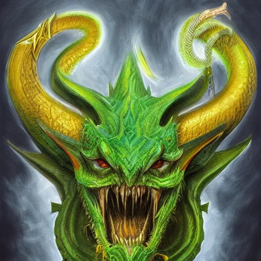 Prompt: a green and yellow dragon with large horns, a character portrait by Alex Horley-Orlandelli, deviantart, antipodeans, lovecraftian, concept art, grotesque