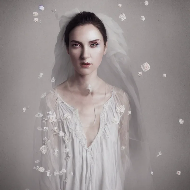 Image similar to hight focus of a wonderful realistic focused sweet wonderful symmetrical mid portrait of a lonely woman with a detailed wonderful, majestic, large semi transparent white cotton dress ornate with semi transparent cotton roses and semi transparent white veils, dramatic light, octane render, - 8 k