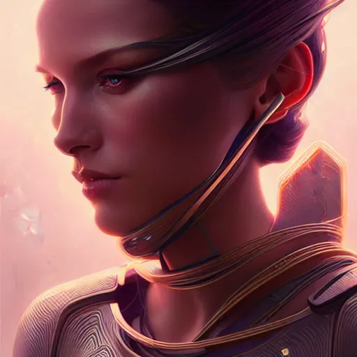 Image similar to futuristic woman portrait, sci-fi, amber eyes, face, long hair, fantasy, intricate, elegant, highly detailed, digital painting, artstation, concept art, smooth, sharp focus, illustration, art by artgerm and greg rutkowski and alphonse mucha