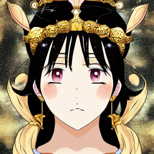 Image similar to anime illustrated goddess with fair skin and symmetrical beautiful face with gold nose ring wearing a loose thin white robe