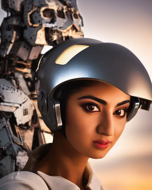 Image similar to centered medium shot fine studio photograph of a beautiful persian girl wearing only a mecha electronic persian helmet with bright lights, ultra-realistic, white background, 8k HDR sunset lit, intricate