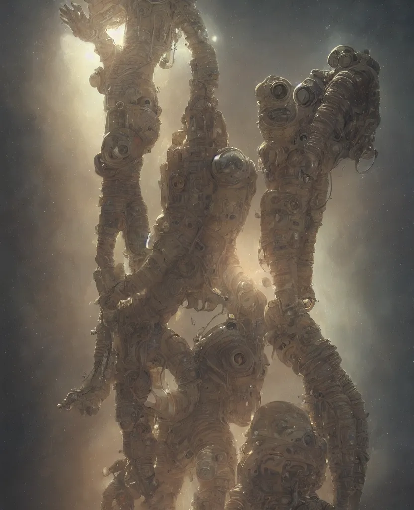 Prompt: realistic photography of a flesh totem of astronauts wearing dirty and moldy space suits, deep focus, intricate, elegant, highly detailed, foggy, misterious, digital painting, artstation, concept art, matte, sharp focus, illustration, art by artgerm and greg rutkowski and alphonse mucha