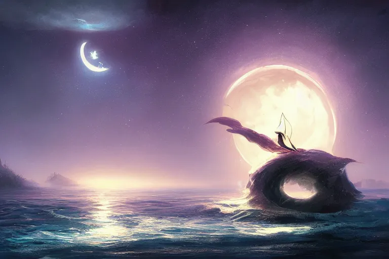 Image similar to glitched fantasy painting, the night sky is an upside down ocean, the moon is an anglerfish lure, by jessica rossier