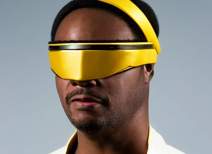 Image similar to a hyper realistic ultra realistic photograph of Commander Geordi La Forge wearing his visor, highly detailed, 8k photograph