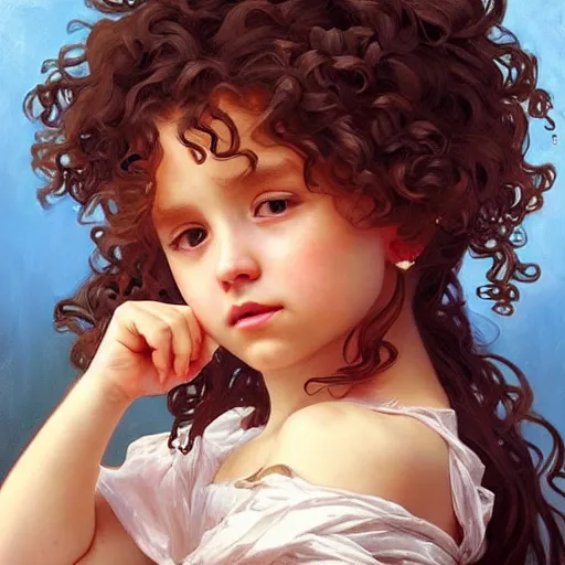 Prompt: a picture of a little girl with curly hair being very overdramatic, painting by artgerm and greg rutkowski and alphonse mucha