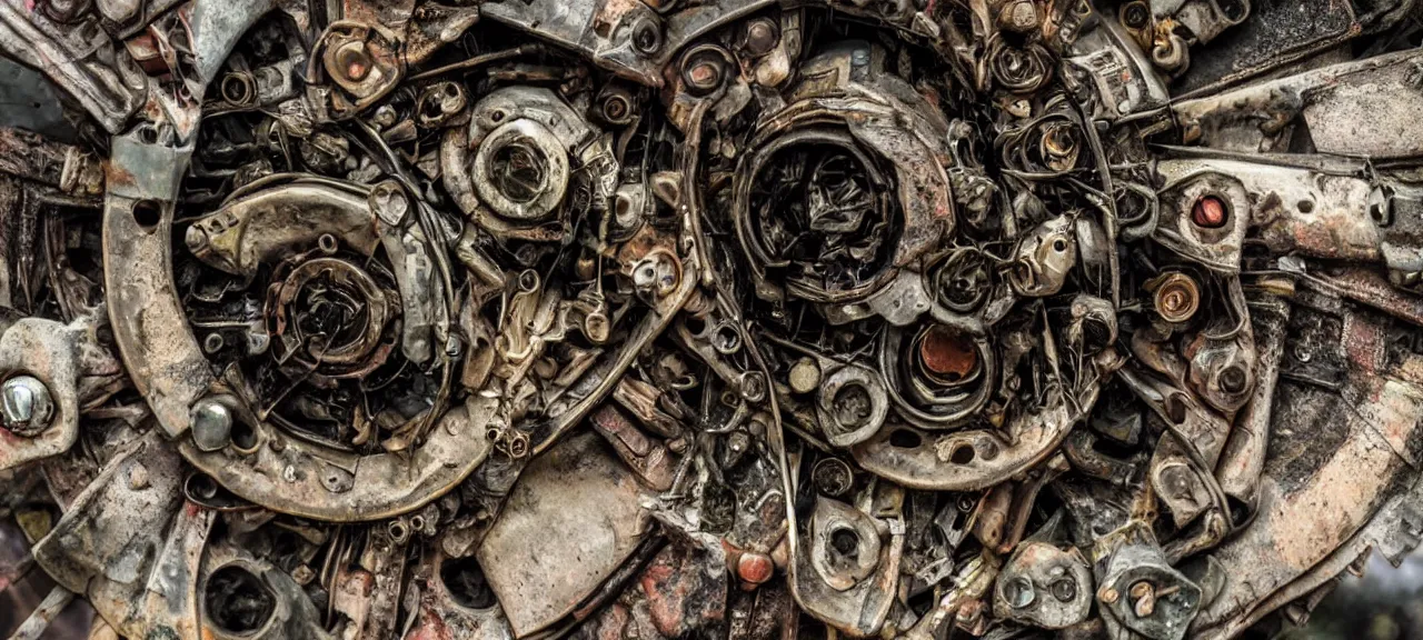 Image similar to closeup of a flower made up of automobile parts in a forest with rain