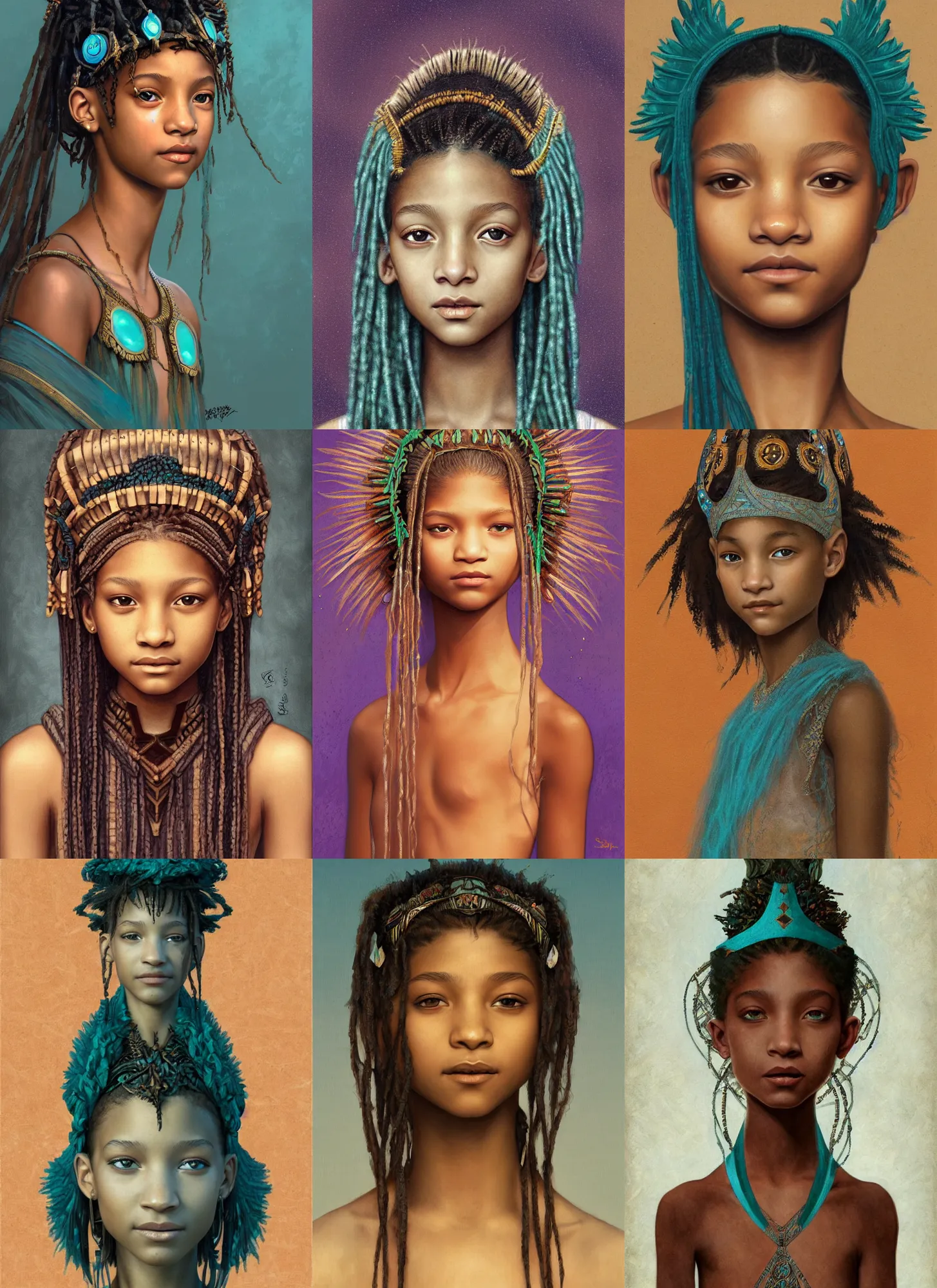 Prompt: willow smith zendaya, portrait, symetrical, ancient libu young girl, smiling, teal headdress, beautiful bone structure, intricate, dark, highly detailed, digital painting, artstation, concept art, smooth, sharp focus, illustration, orientalism, bouguereau, mucha