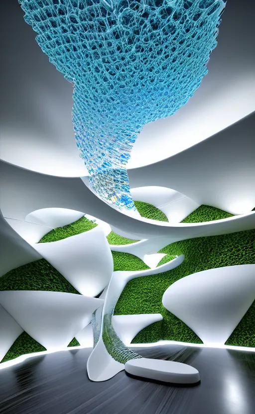 Image similar to villa parametric architecture fluid design, vincent callebaut well - defined style, ultra detailed, monochromatic, natural lighting, volumetric lighting, generative art nebula, cinematic, photo realistic, hyper real, surreal design, flow everywhere, walls made of crystal clear water, droplets on the walls, black metal, magnesium, 8 k,