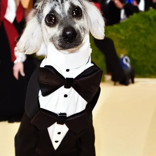 Prompt: a dog in a tuxedo at the met gala