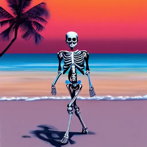 Prompt: Beautiful digital painting portrait of relaxed skeleton walking on the tropical beach with nuclear bomb explosion in the background, by James Gurney, high quality, trending on Artstation, realistic, tropical color scheme, anatomically correct skeleton, high coherence, clear blue sky