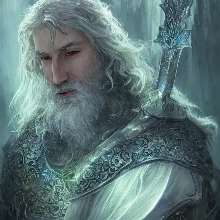 Image similar to Portrait of an Aasimar Paladin-Druid with glowing blue eyes, pale grey skin, silver full beard, and silver hair. He has a sword and wears green armor covered in moss. Epic fantasy art, award winning on Artstation, intricate, highly detailed, dramatic lighting, illustration, concept art, art by artgerm and greg rutkowski and alphonse mucha and ross tran, D&D, Dungeons and Dragons, Magic the Gathering.