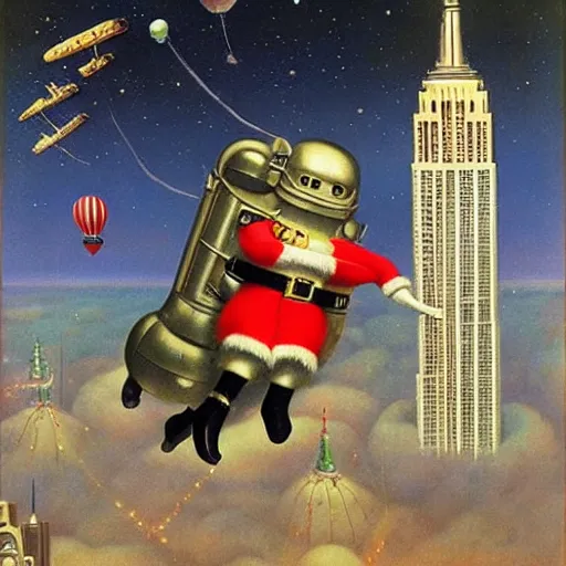 Image similar to Jetpack wearing a Santa flying near the empire state building jacek yerka greg rutkowski giorgio de chirico john currin clarence holbrook carter mark ryden