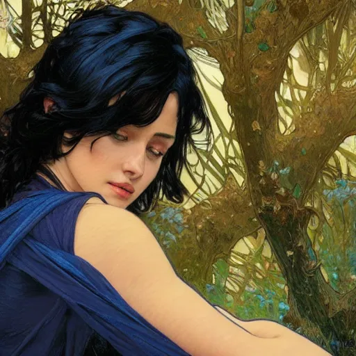 Image similar to study of a woman resting on a large tree, short black hair, decorative dark blue clothing, sharp focus, ultra realistic illustration, colorful, cinematic lighting, high fantasy, intricate, highly detailed, smooth, elegant, artgerm, greg rutkowski, alphonse mucha magali villeneuve