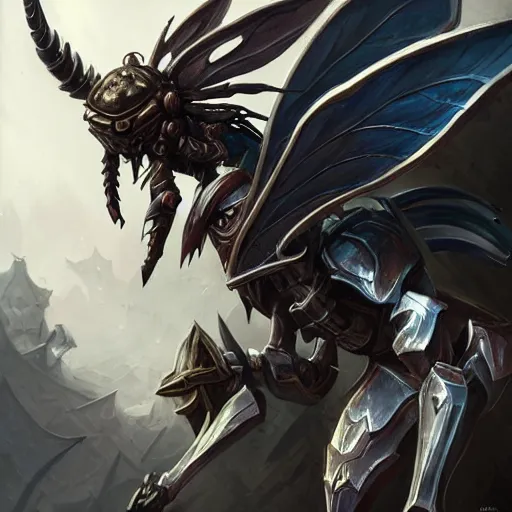 Image similar to portrait of humanoid mosquito resembling a knight in black armor with two dragonfly wings, league of legends splash art, hearthstone splash art, full body shot, rule of thirds, ultrafine hyperrealistic detailed face, artgerm, greg rutkowski, trending on artstation, 8 k, intricately detailed, highly detailed